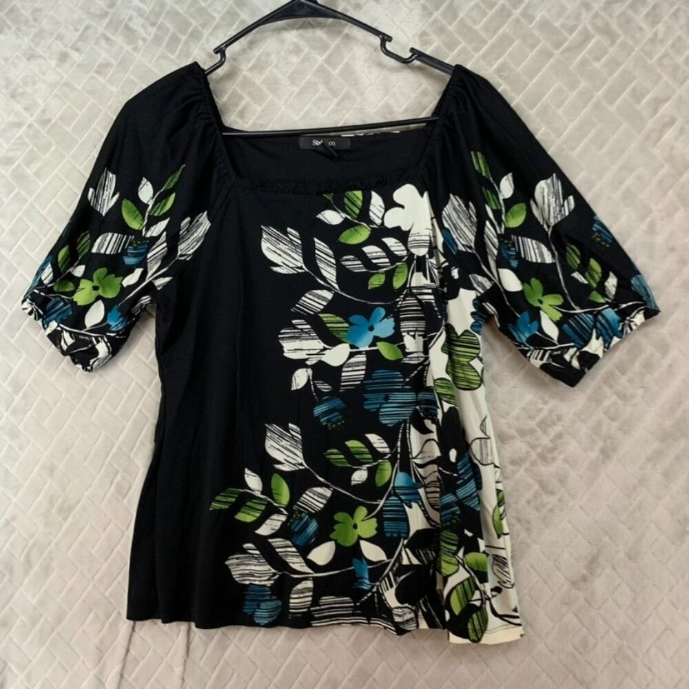 Style & Co Womens Medium Blouse Black Floral Short Sleeve Nylon Square Neck